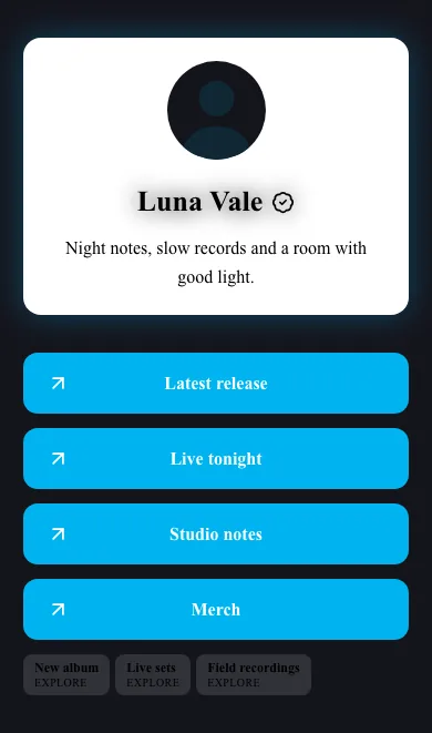 Example Amped.bio page: Luna Vale